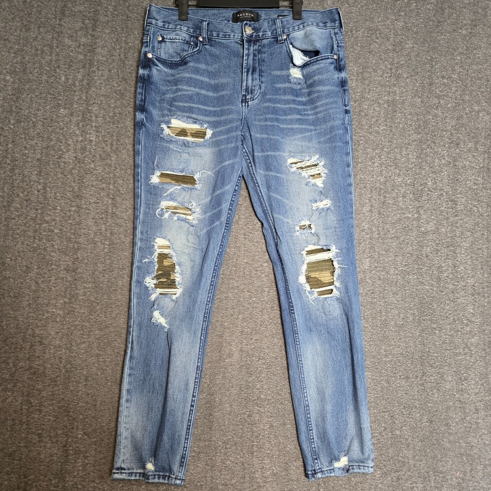 PacSun Men's Comfort Stretch Distressed Ripped Patches Jeans‎ 34x32 Blue Denim